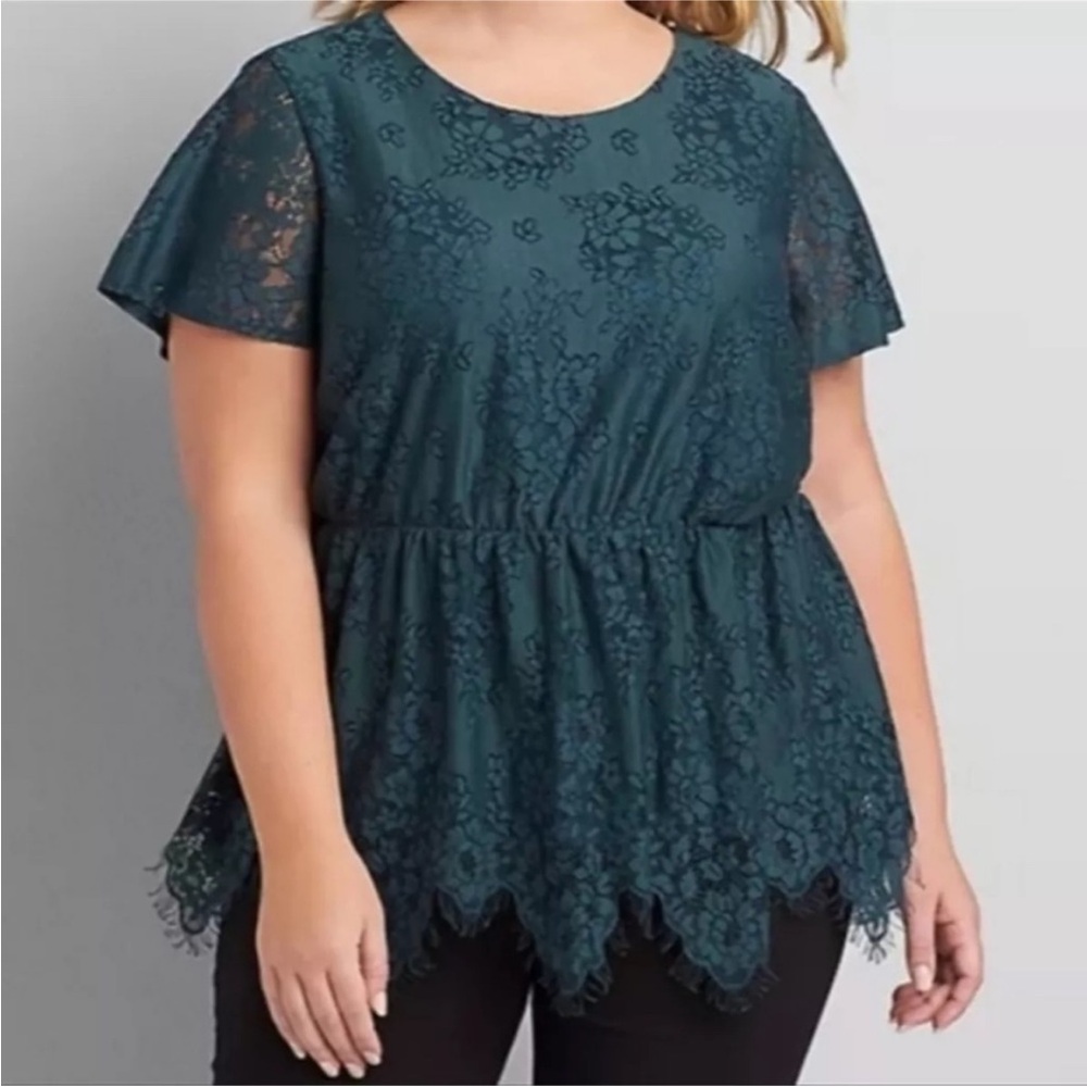 Lane Bryant Teal Lace Peplum Blouse Size 14 – Keyhole Back, Elegant Holiday Top